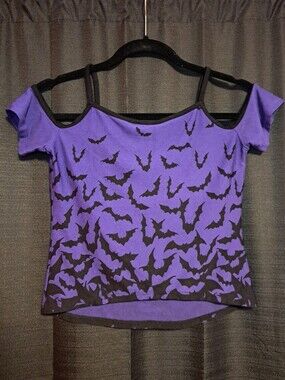 Purple Bat-Print Cold-Shoulder Crop Top
